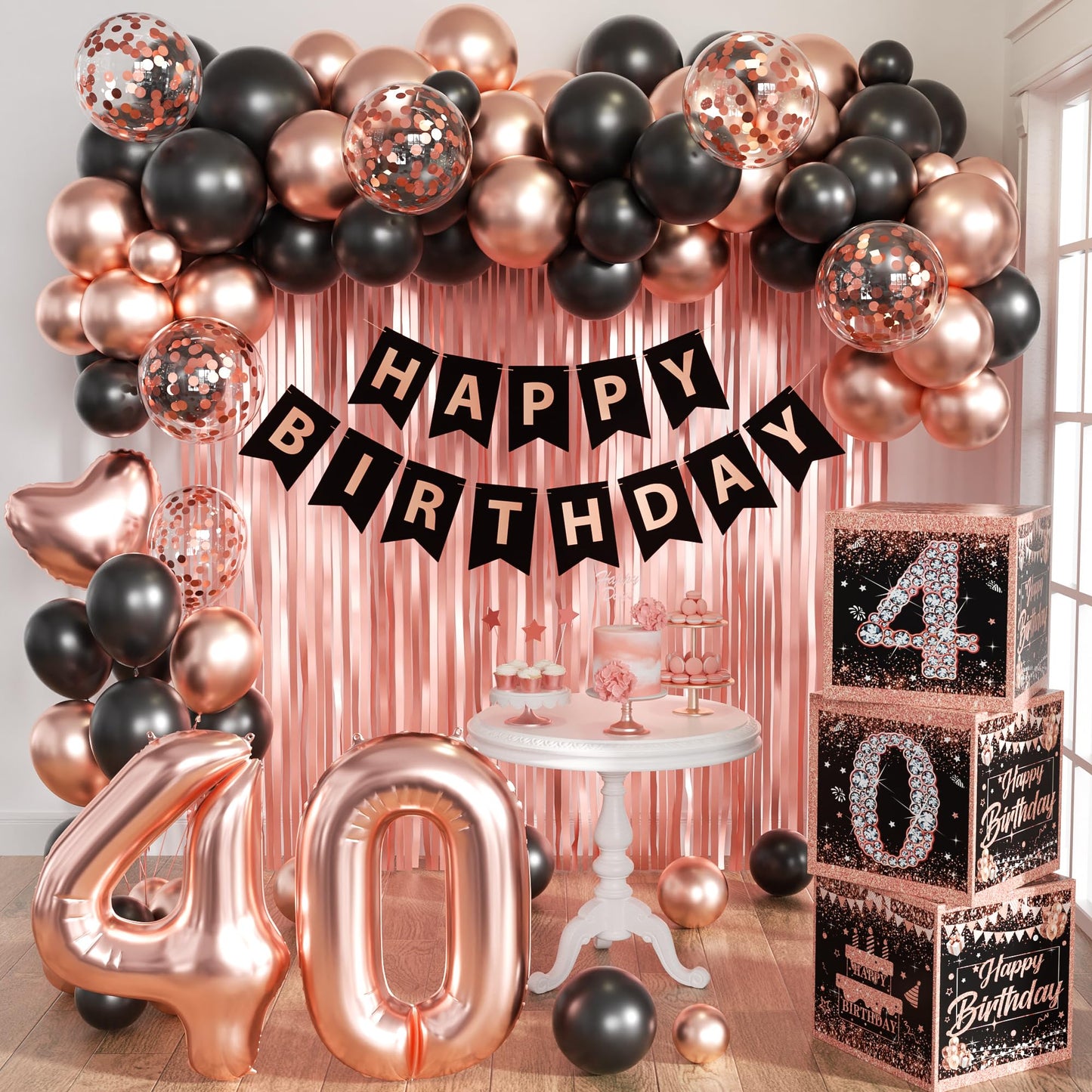Rose Gold 40th Birthday Decorations for Women - Fabulous 40 Birthday Party Supplies Include 3pcs Balloon Boxes, Number 40 Foil Balloons, Fringe Curtains, Black Pink Garland Arch Kit - Photo Backdrop