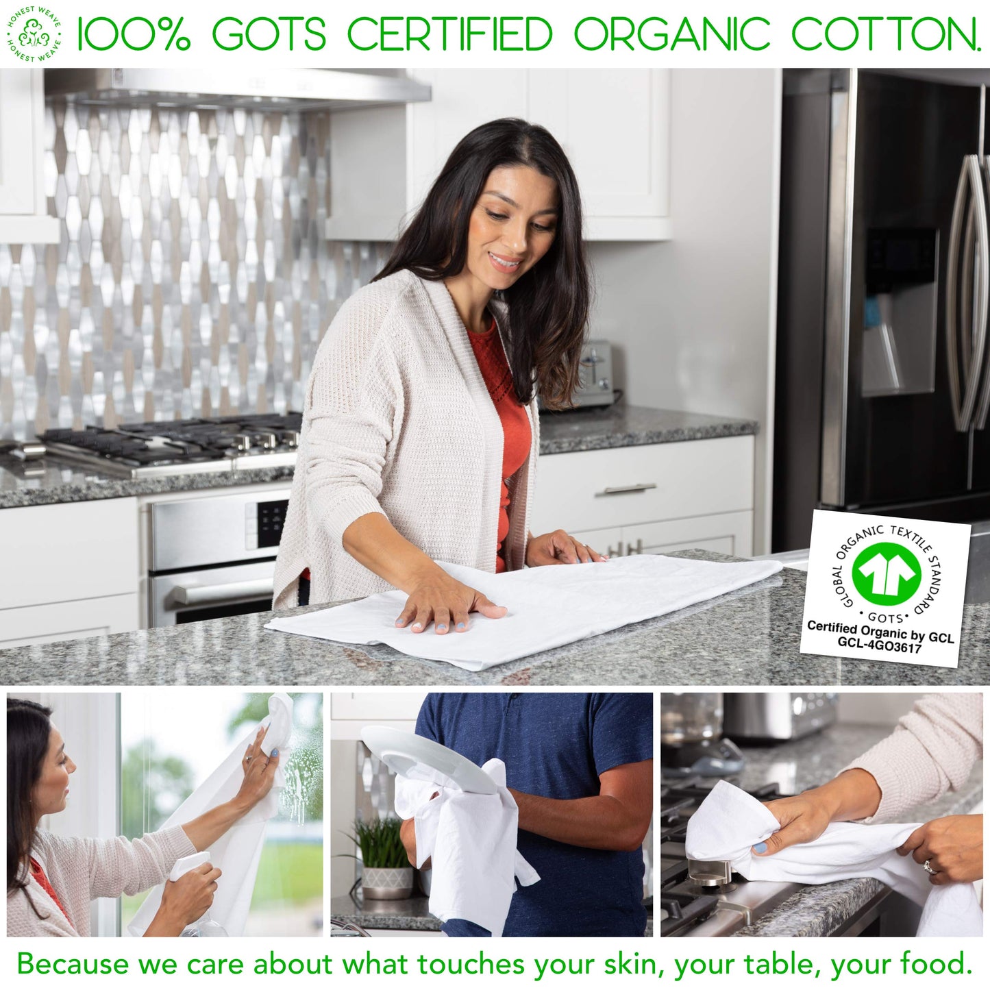 Organic Flour Sack Cotton Kitchen Hand and Dish Towel Sets - Extra Large 27x27 inches, Fully Hemmed, 12-Pack, Natural Tan