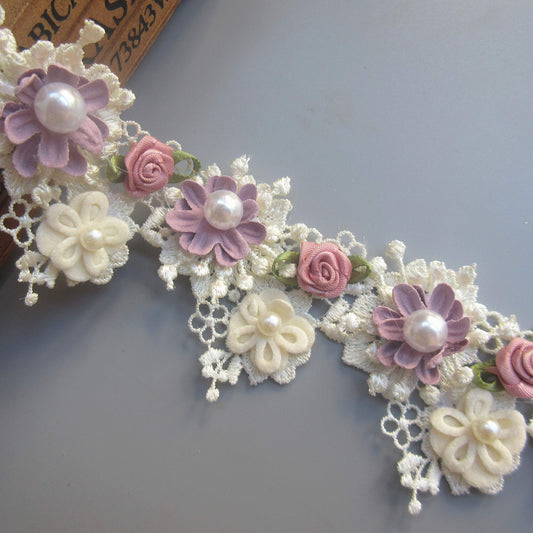 1 Yard Elegant Vintage Style Apricot Polyester Lace Flower Pearl Beads Ribbon Trim in 5.5 cm Width for Wedding Decoration