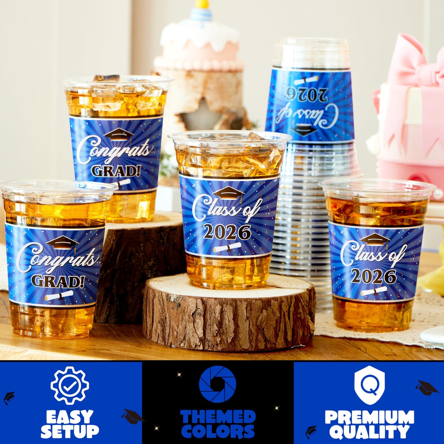 JOYIN 100 Pcs 16oz Graduation Party Plastic Cups (Blue), Grad Disposable Cups for Class of 2026 Graduates, PET Cup Tableware Bulk for 2026 High School College Graduation School Grad Party Supply Decor