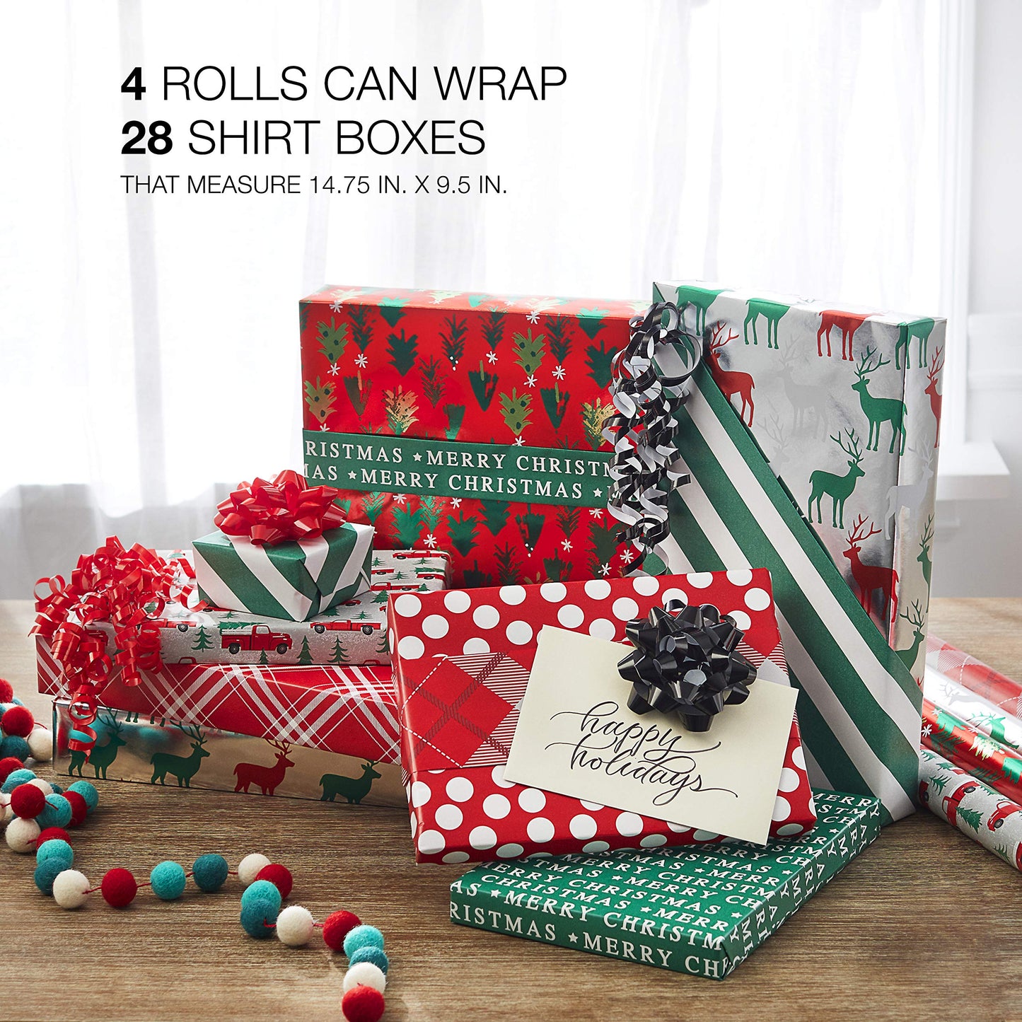Reversible Christmas Wrapping Paper Rolls, Silver and Red Holiday Gift Wrap (120 sq. ft., 4 Rolls-30 in. x 12 ft.) Little Red Truck Hauling a Christmas Tree, Reindeer, Plaid