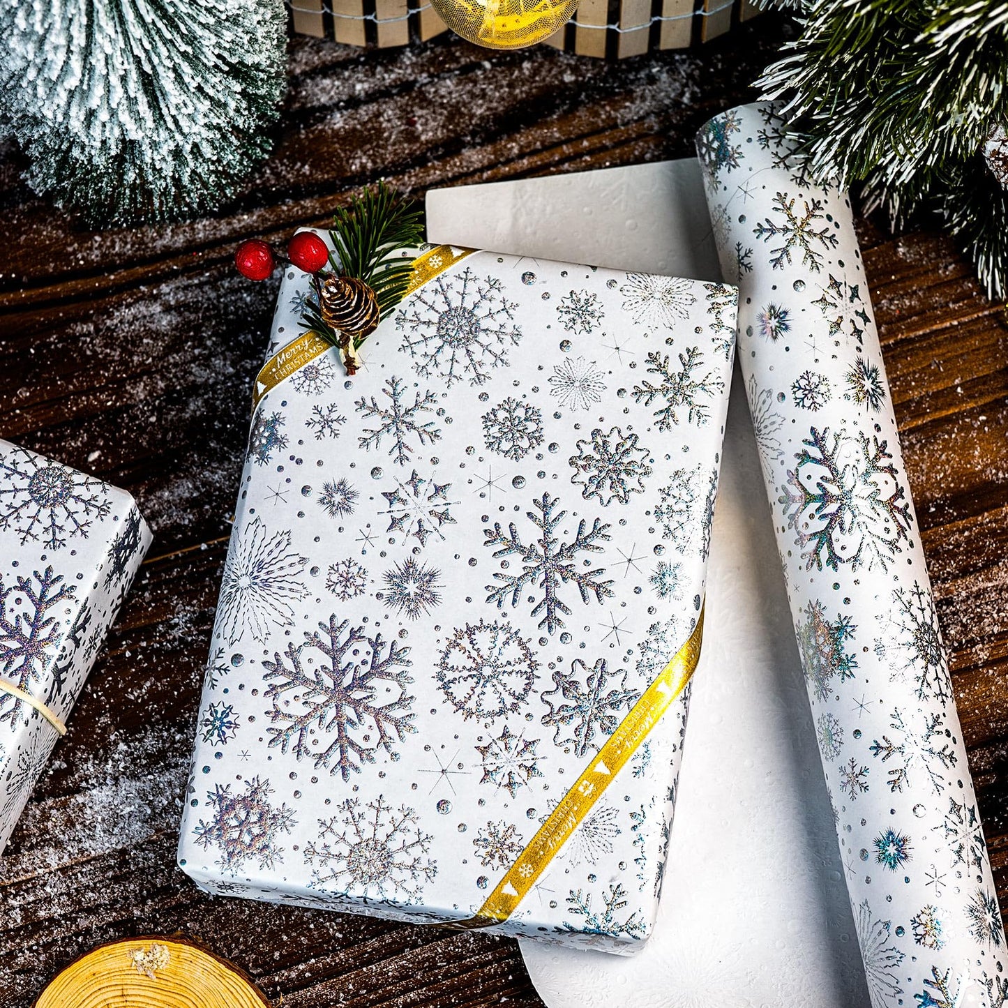 Kraft Christmas Wrapping Paper-Silver Snowflake Metallic Embossed Foil Luxury Gift Wrap Roll Design for Holiday, Party,Celebration, New Year (17 Inch X 32.8 Feet)