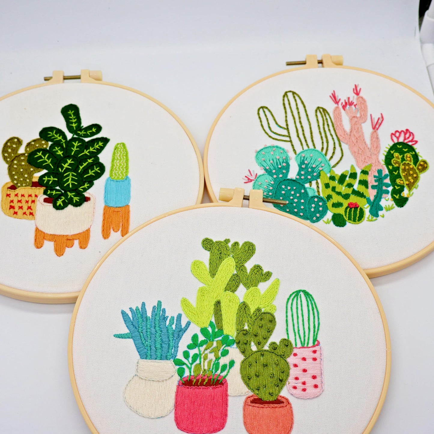 Embroidery Starter Kits for Adults Beginners with Stamped Pattern, Embroidery Floss + Needles + Hoop, Cactus Series, 3 Pack