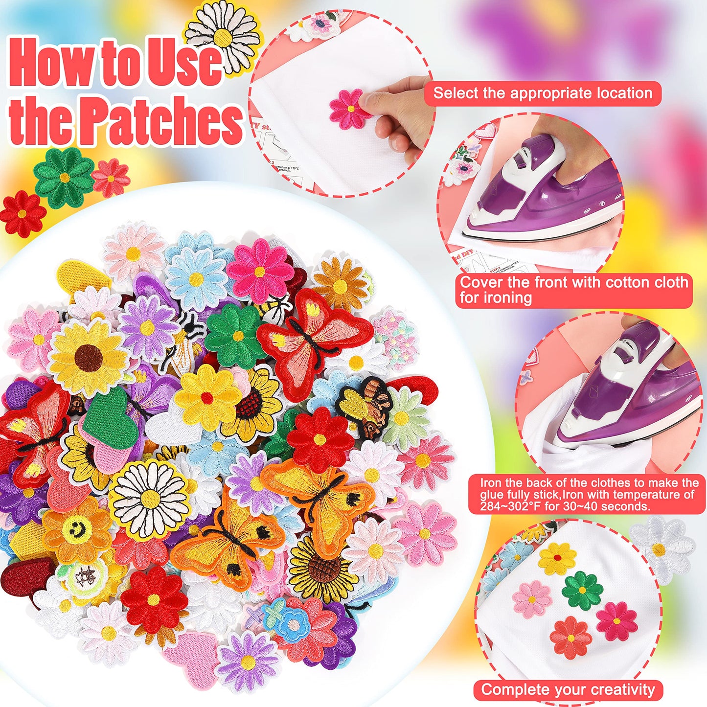 Random Iron on Patches for Clothing: 120PCS Flower Heart Patch Iron on Cute Butterfly Embroidered Sew Applique Repair Patches for Jeans Jackets Backpacks