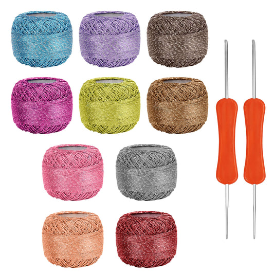 Kurtzy Colourful Glitter Crochet Yarn (10 Balls) - 2 Crochet Hooks Included (3mm & 4mm) - Each Thread Ball Weighs (15g/0.53 oz) - Total of 950/1040 Yards of Sparkly Coloured Acrylic Yarn