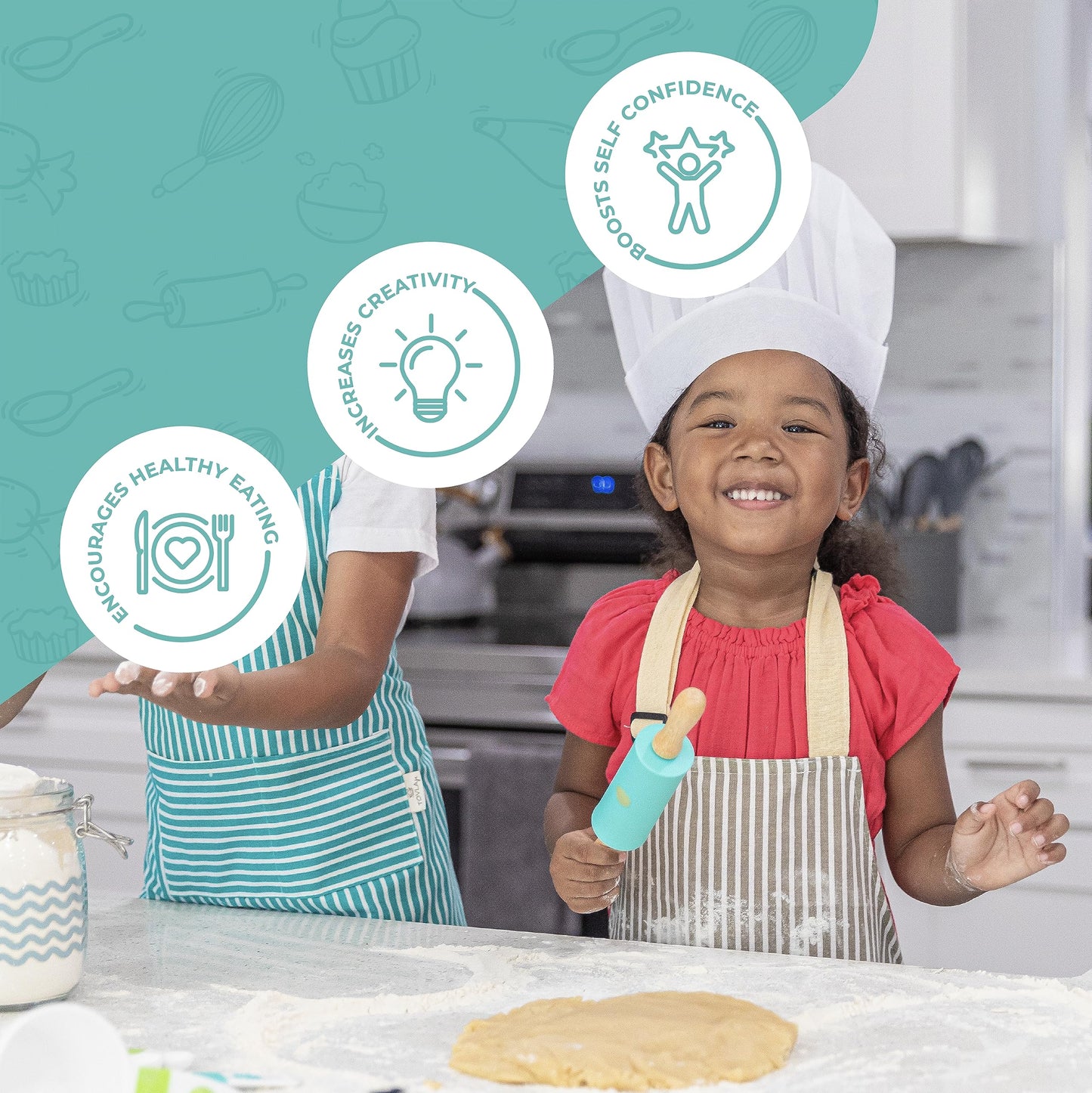 Tovla Jr. Kids Cooking Utensils Set - 4-Piece Kids Kitchen Tools - Safe Kids Baking Set - Food Grade Toddler Chef Supplies - Gender Neutral Silicone Cookware Kit with Spatula Whisk Tongs Rolling Pin