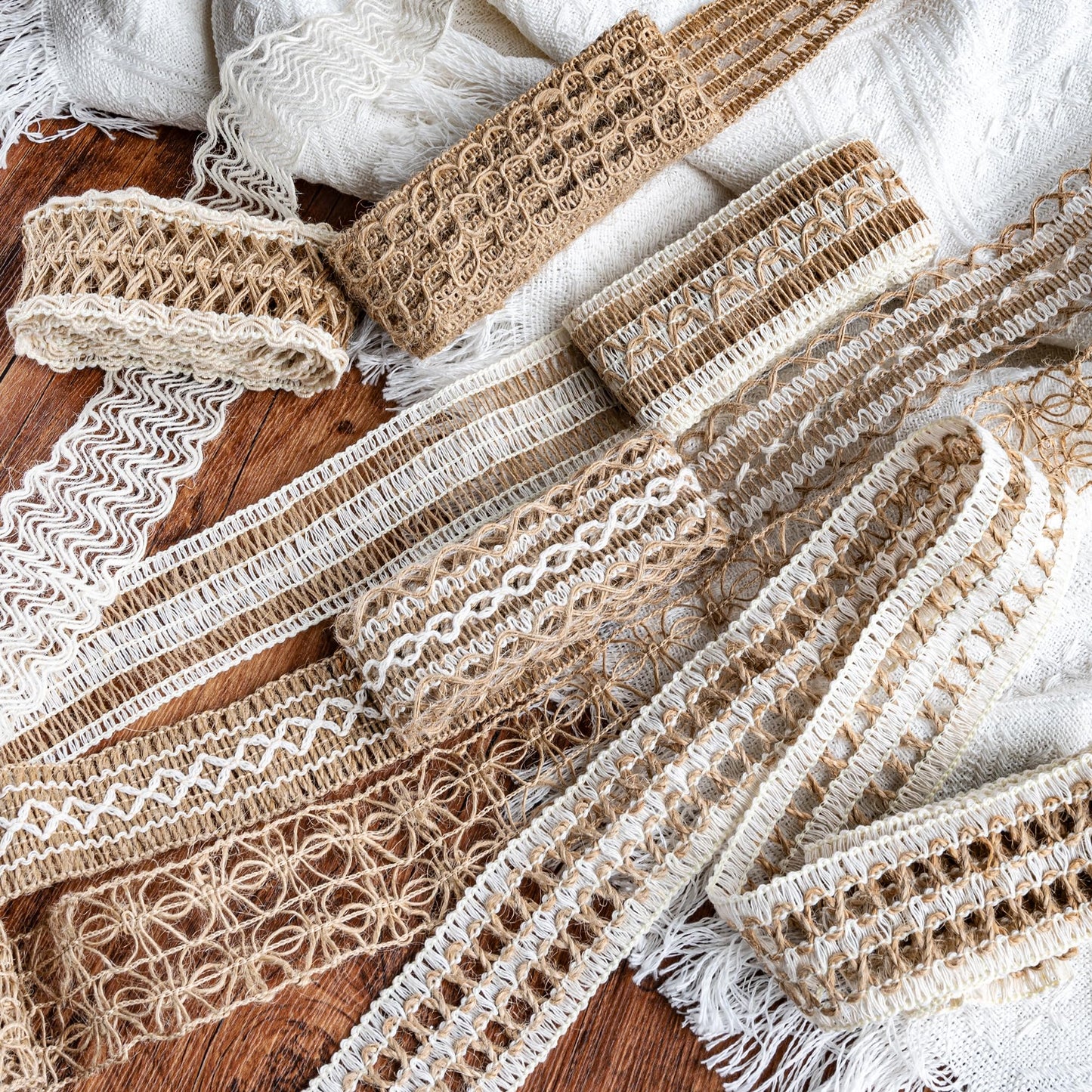 8 Packs Jute Ribbon Natural Burlap Ribbon Roll with Lace Craft Ribbons and Trims Decorative Twine for DIY Arts and Crafts Wrapping Wedding Christmas Party (Lacy)