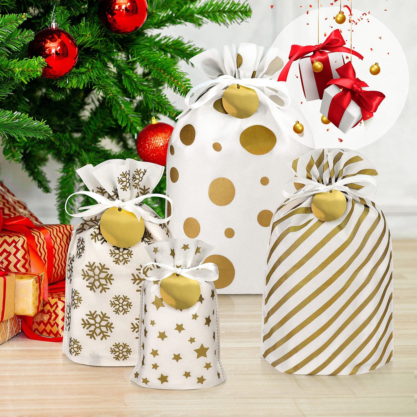 Fabric Gift Bags for Presents - 6 Pcs Reusable Bags with Drawstring, Large Gift Bags for Christmas, Assorted Sizes (Gold)