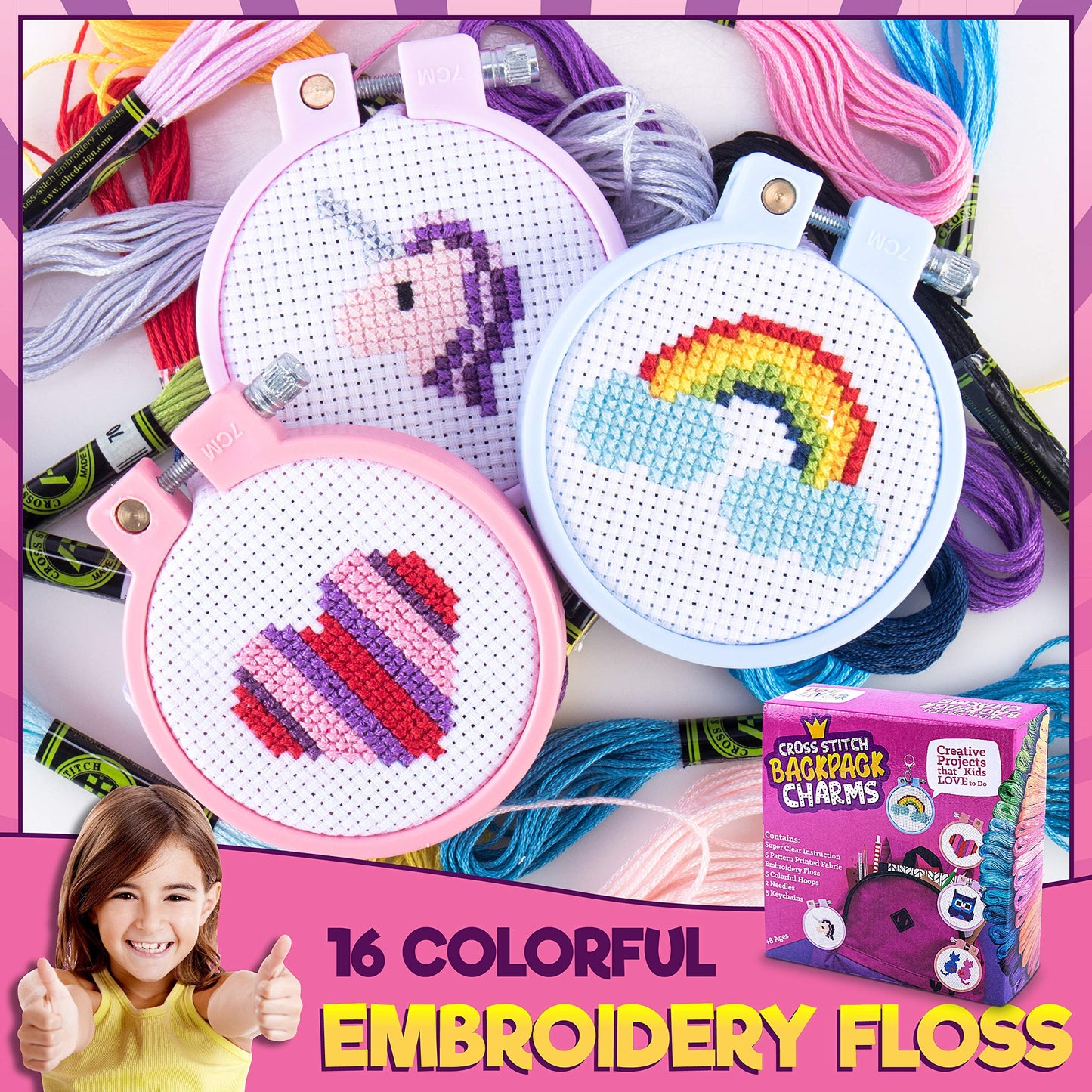Cross Stitch Kits for Beginners. 5 Stamped Cross Stitch Kits for Kids.Needlepoint Kits for Beginners. Embroidery Kit for Kids. Crossstitch Kit for Beginners. Girls Cross Stitch kit Backpack Charms