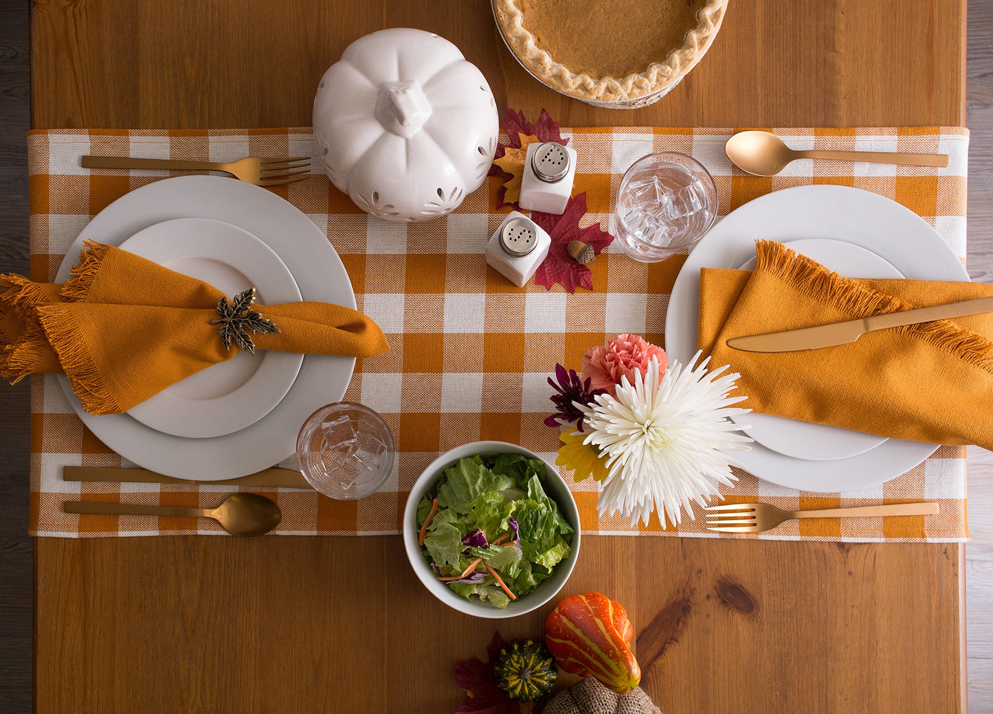 Heavyweight Fringed Check Tabletop Collection, Table Runner, 14x108, Pumpkin Spice