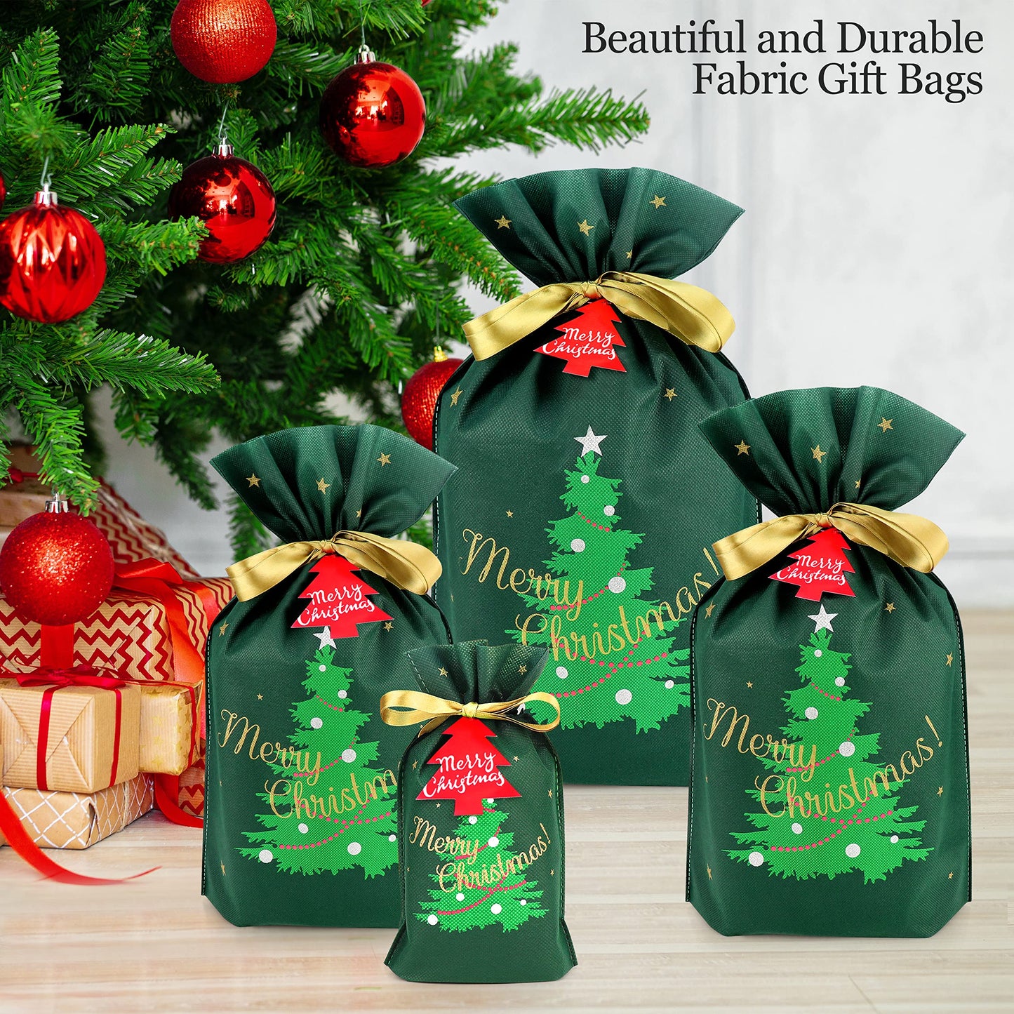 Fabric Gift Bags for Presents - 6 Pcs Large Reusable Christmas Bags with Drawstring (Green Xmas Tree Assorted)