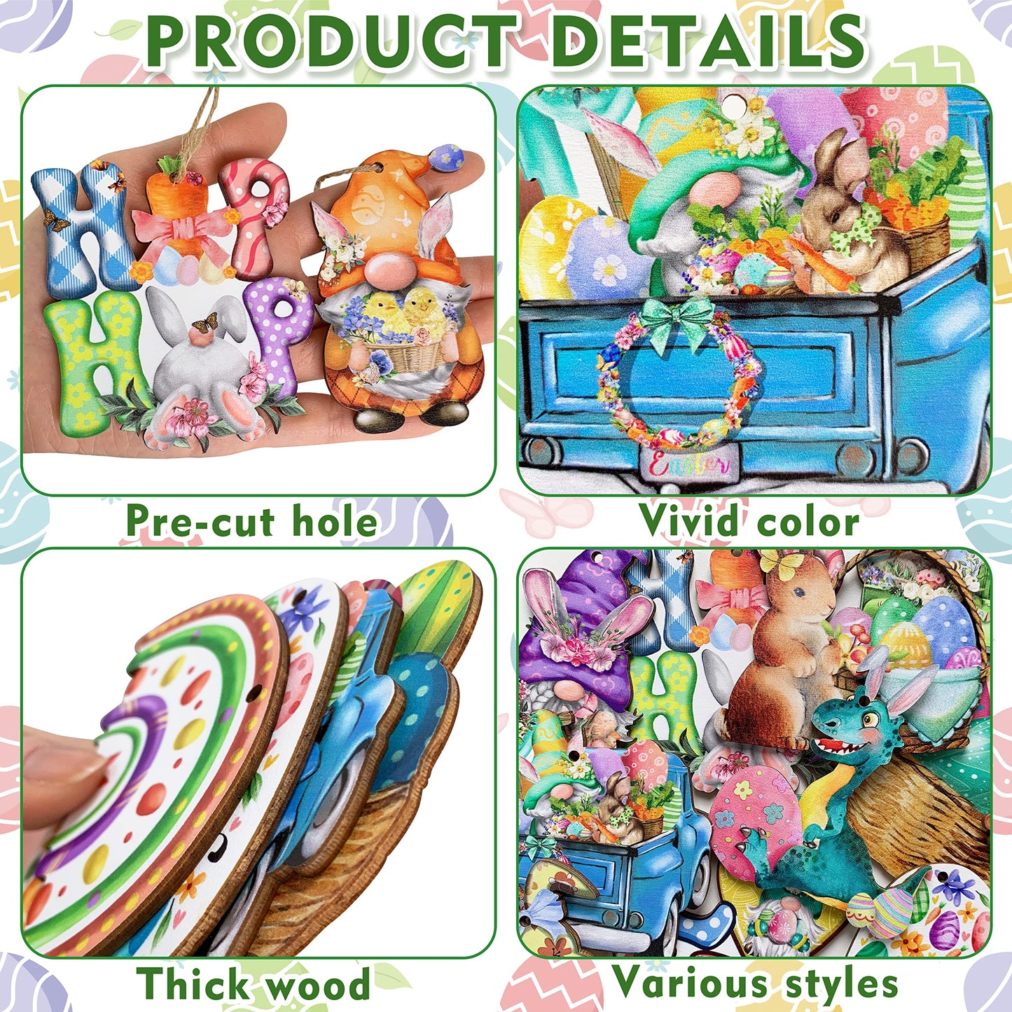 24 Wooden Hanging Ornaments, Hanging Decor for Tree, Happy Easter Egg Gnome Bunny Wooden Craft Spring Party Supplies Home Decor