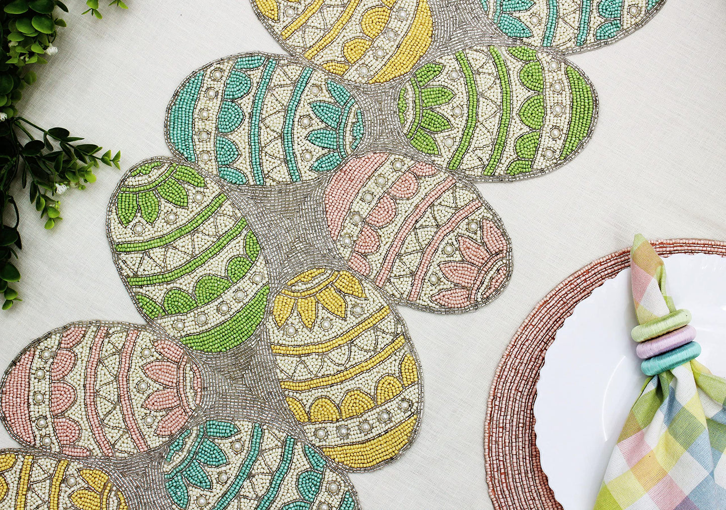 Happy Hunting Handmade Beaded Table Runner - Spring Easter Eggs Bunny Rabbit - Luncheon Dinner Celebration Festive Party Tabletop Décor Tablerunner - 13x36 - Aqua Multi