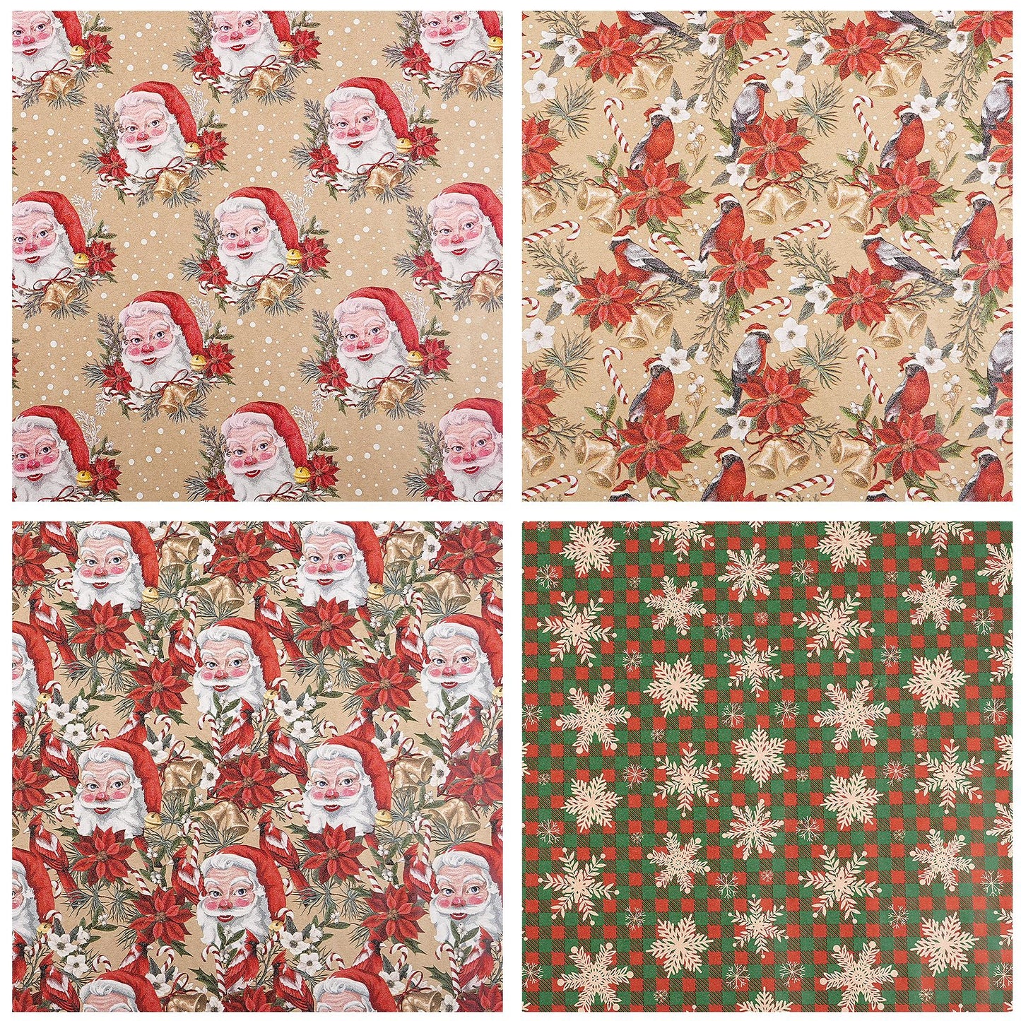 Kraft Christmas Wrapping Paper Set, Jumbo Roll, Vintage Santa, Bird, Poinsettia,and Gold Snowflake Plaid Design, Kraft Gift Wrap for Christmas, Holiday, 4 Rolls, 30 Inches x 10 Feet per Roll