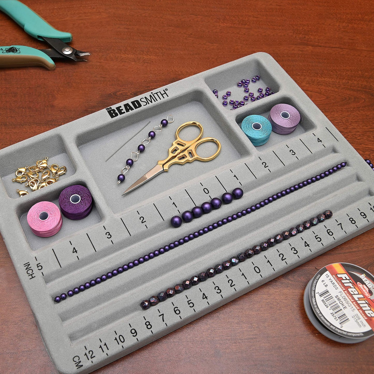The Beadsmith Mini Bead Board, Grey Flocked, 4 Straight Channels, 5 Recessed Compartments, 7.75 x 11.25 inches, design boards for creating bracelets, necklaces and other jewelry