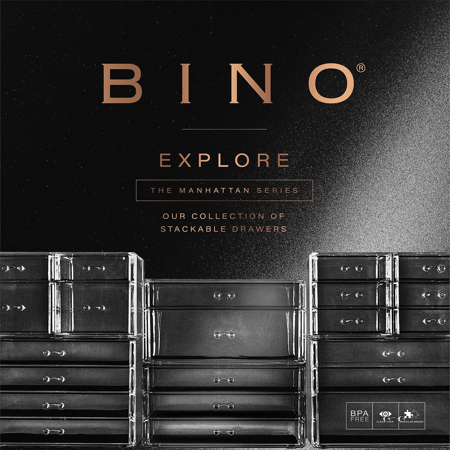 BINO | 3-Drawer Makeup Organizer, Park Avenue | THE MANHATTAN SERIES | Modular Design Storage Drawers | Vanity Acrylic Organizers | Stackable Storage Bins | Clear Makeup Organizers And Storage