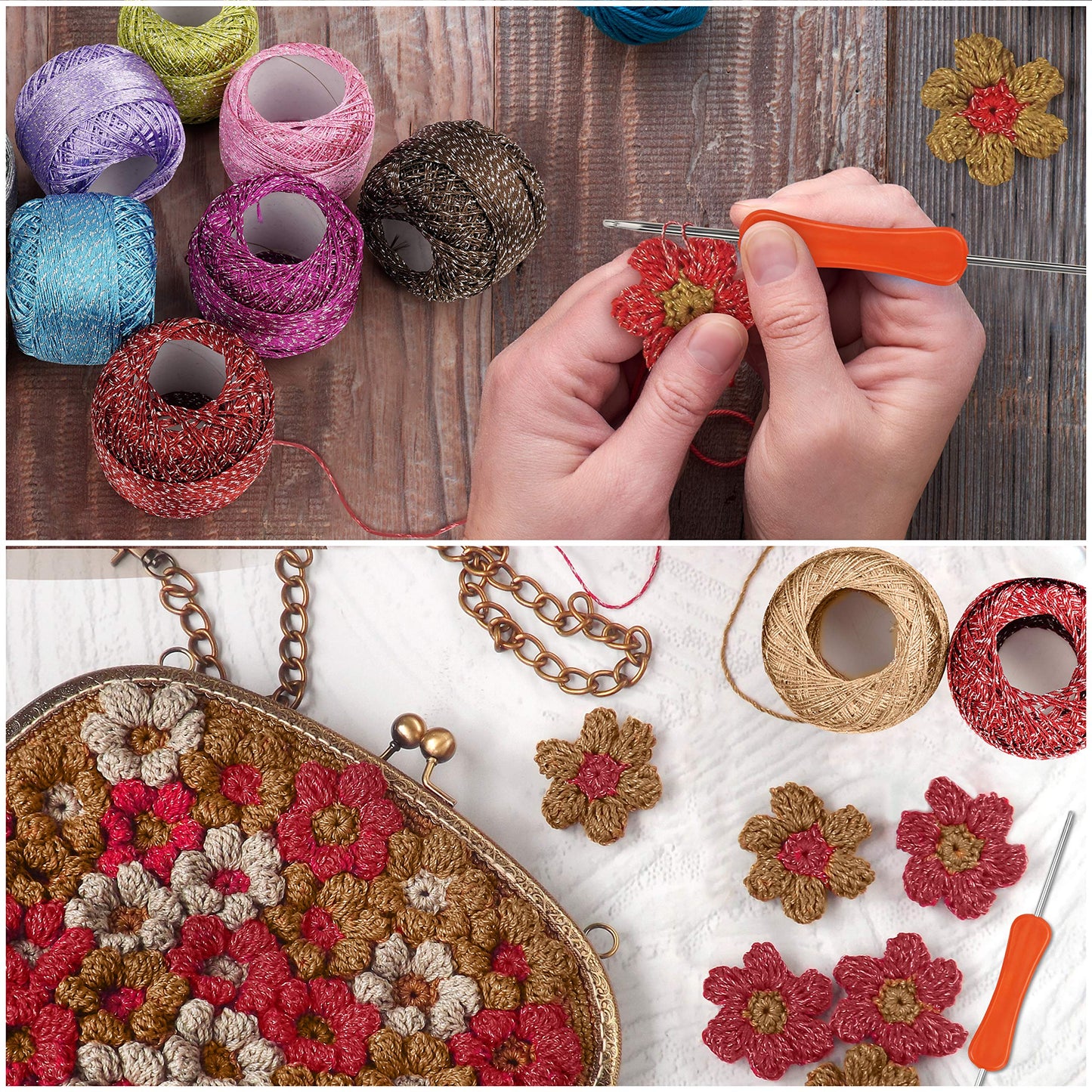 Kurtzy Colourful Glitter Crochet Yarn (10 Balls) - 2 Crochet Hooks Included (3mm & 4mm) - Each Thread Ball Weighs (15g/0.53 oz) - Total of 950/1040 Yards of Sparkly Coloured Acrylic Yarn