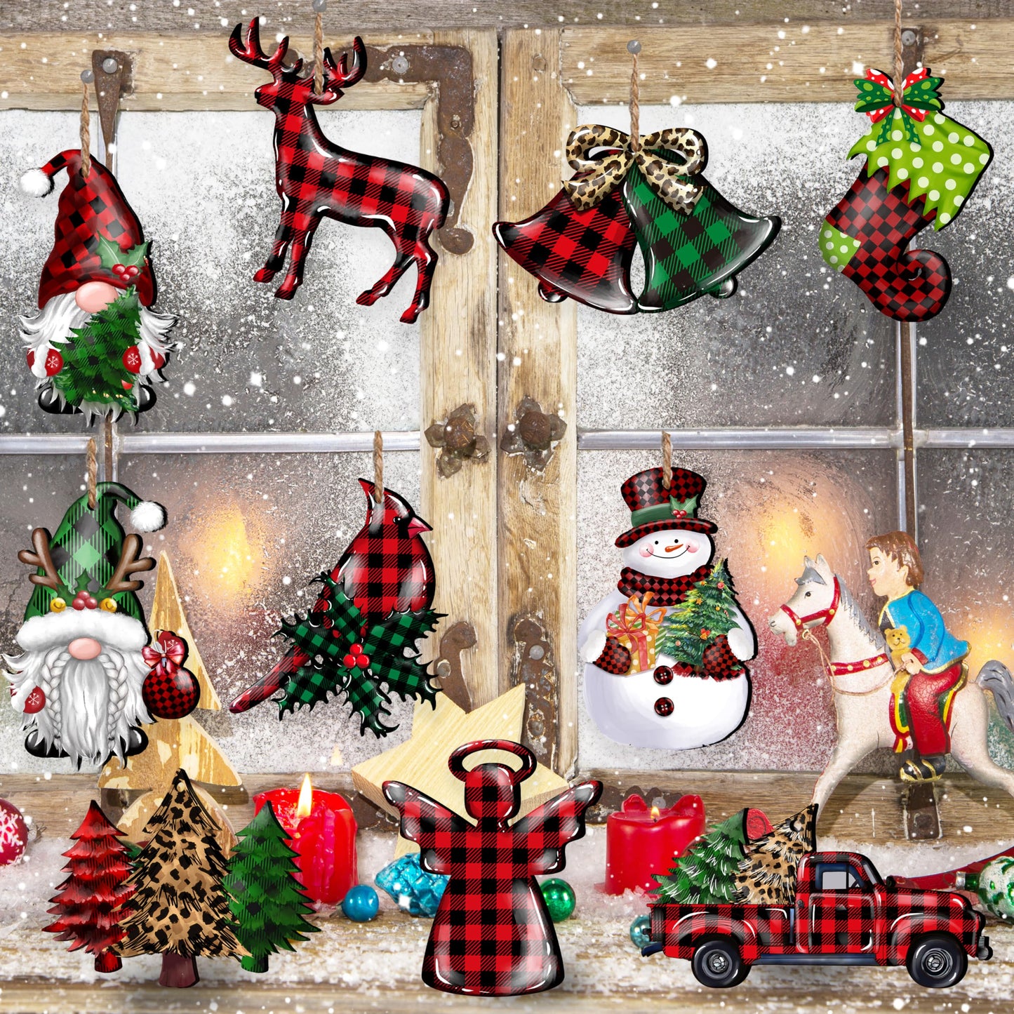 JOPHMO 24 Pieces Christmas Wood Ornaments Snowflake Gnome Snowman Truck Wooden Hanging Ornaments Christmas Tree Cutouts Wood Crafts Holiday Decor Xmas Party Supplies (Xmas-Mixed-A)