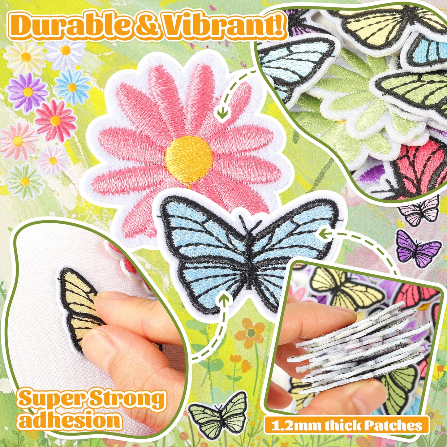 NICEVINYL Flower Iron on Patches for Clothing: 90pcs Multicolor Cute Daisy Flower Applique Patches Sew on Backpacks - Butterfly Embroidered Patches for Jeans Jackets Tote Bags Hats