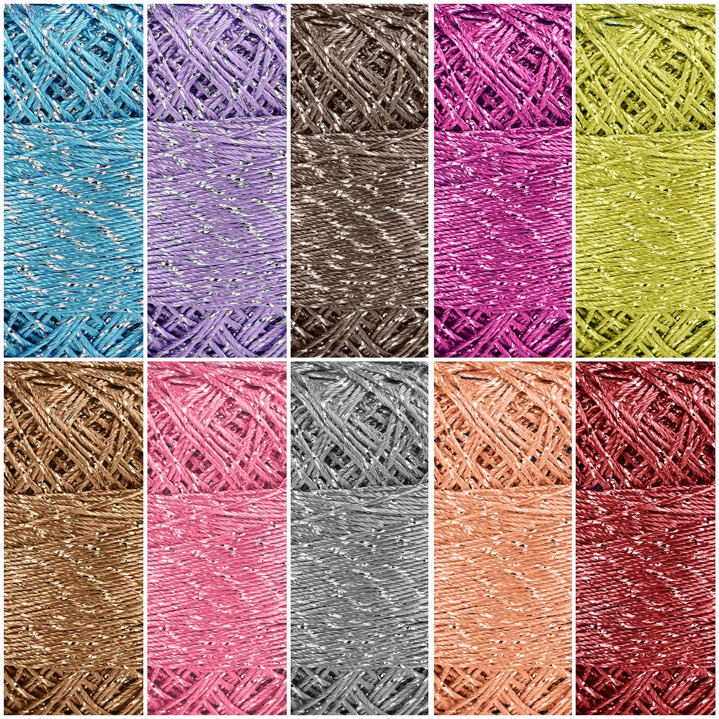 Kurtzy Colourful Glitter Crochet Yarn (10 Balls) - 2 Crochet Hooks Included (3mm & 4mm) - Each Thread Ball Weighs (15g/0.53 oz) - Total of 950/1040 Yards of Sparkly Coloured Acrylic Yarn