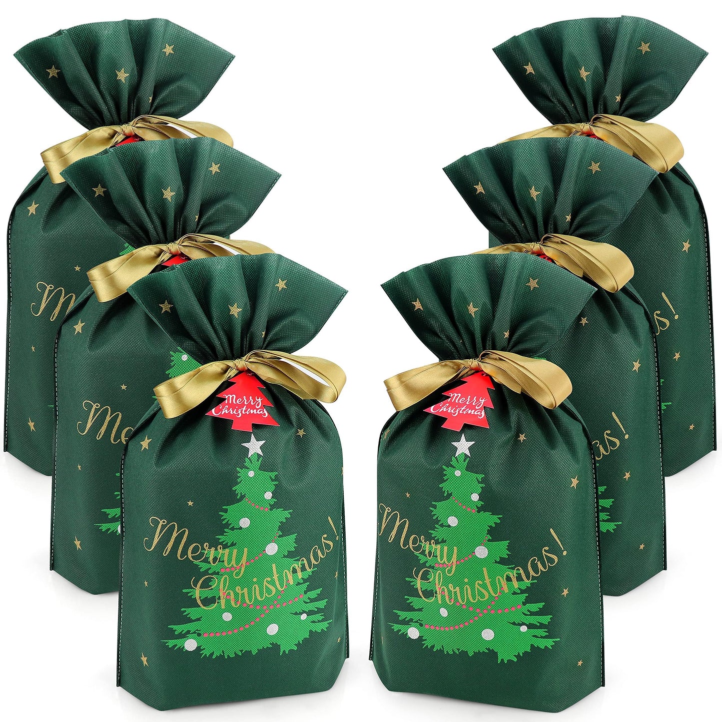 Fabric Gift Bags for Christmas Presents - 6 Pcs Christmas Gift Bags with Drawstring, Large Reusable Drawstring Bags for Gifts (Green Tree)