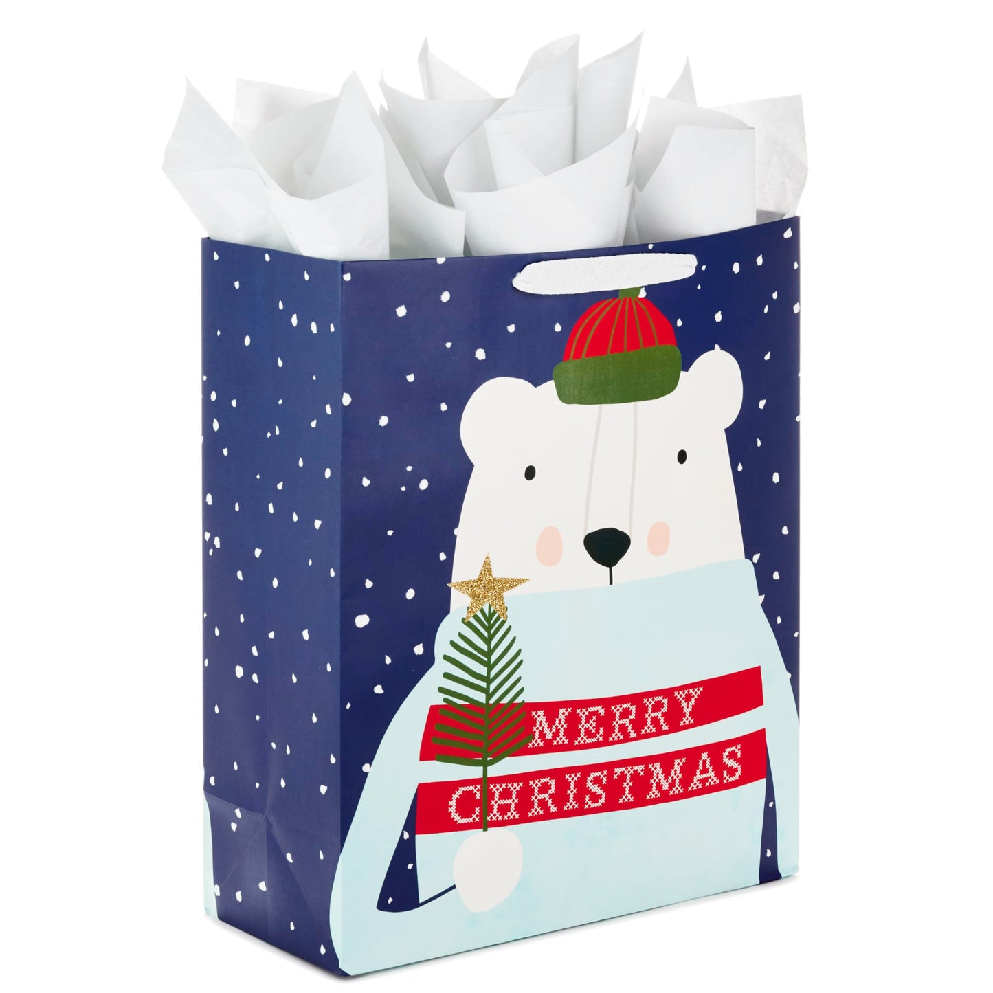 15" Extra Large Christmas Gift Bag with Tissue Paper (Merry Christmas Polar Bear) for Kids, Adults, Coworkers, Neighbors
