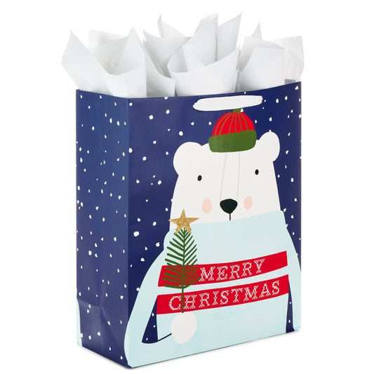 15" Extra Large Christmas Gift Bag with Tissue Paper (Merry Christmas Polar Bear) for Kids, Adults, Coworkers, Neighbors