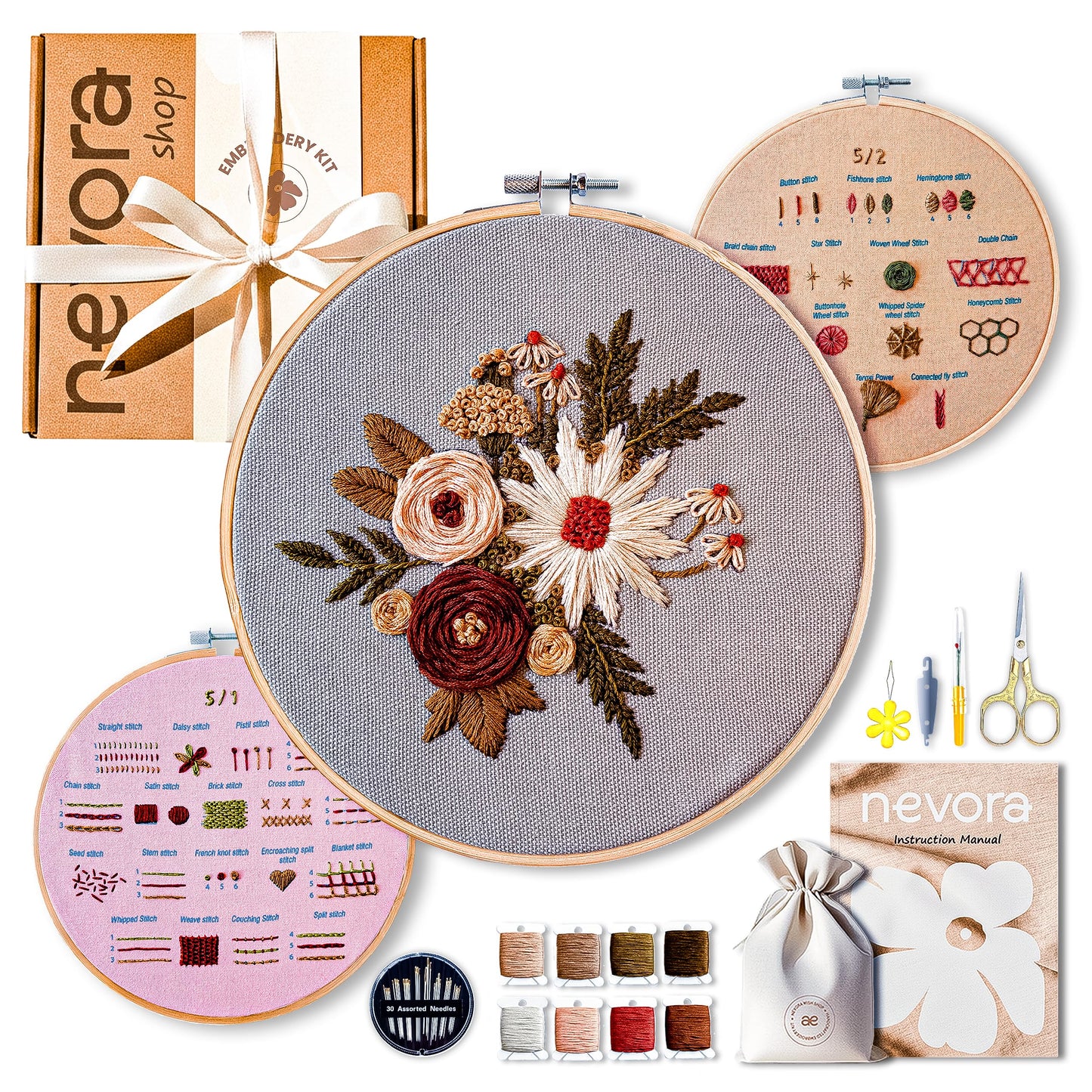 nevora shop 3 Hoop Embroidery Kit for Beginners Adults – Learn 32 Stitches with 3 Progressive Projects, Stamped Patterns, Video Tutorial & Free Organizer Bag.