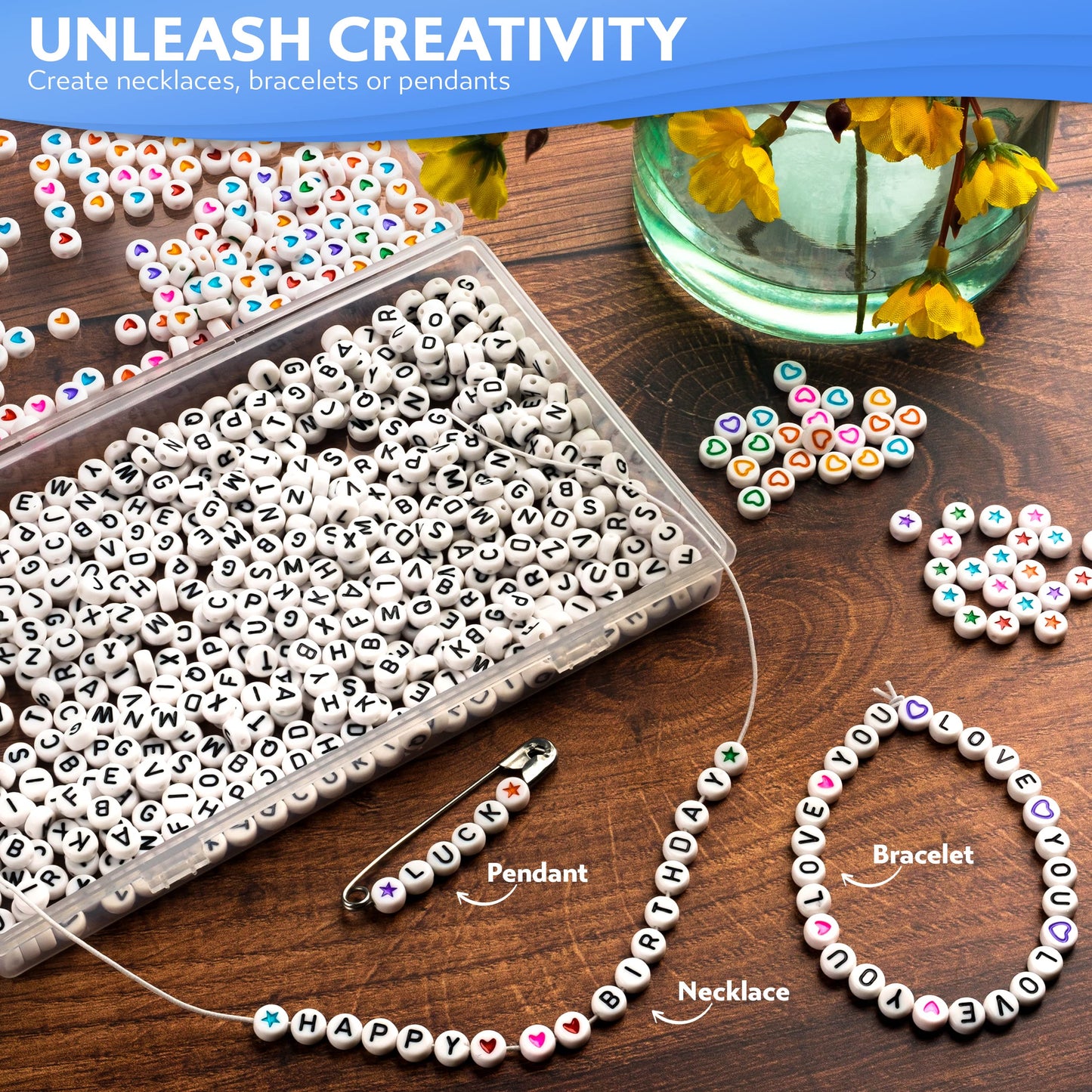 Stylo 800 PCS Letter Beads for Bracelets, Colorful Alphabet Beads for Jewelry Making with Acrylic Round Beads, Heart, Star Charms and 52' Elastic String Thread