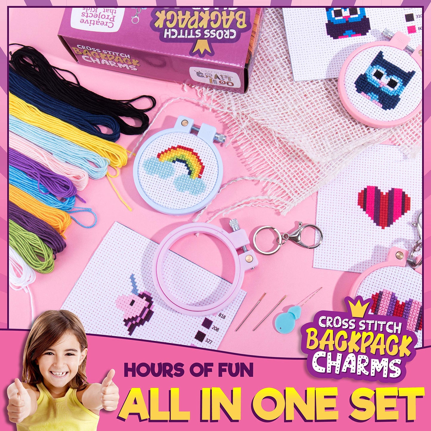 Cross Stitch Kits for Beginners. 5 Stamped Cross Stitch Kits for Kids.Needlepoint Kits for Beginners. Embroidery Kit for Kids. Crossstitch Kit for Beginners. Girls Cross Stitch kit Backpack Charms