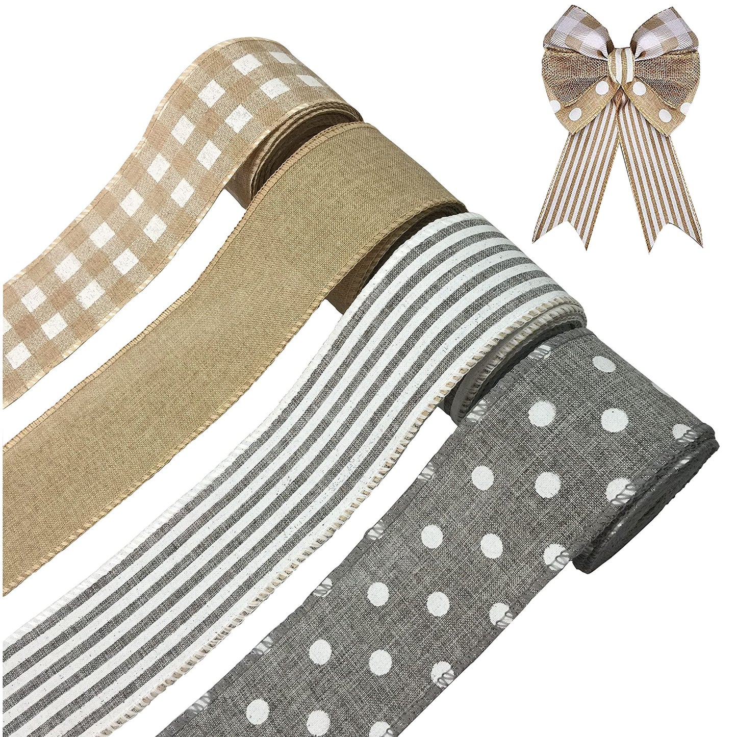 OZXCHIXU 4 Rolls Burlap Fabric Ribbon Burlap Wired Edge Ribbon White Dot Plaid Stripe Ribbon Rustic Christmas Crafts Ribbon for DIY Present Wrapping Wreath Floral Bow Craft Decor,2.5Inch x 24Yards
