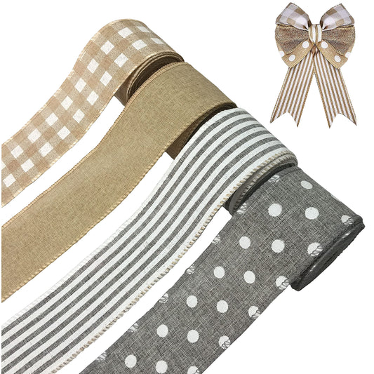 OZXCHIXU 4 Rolls Burlap Fabric Ribbon Burlap Wired Edge Ribbon White Dot Plaid Stripe Ribbon Rustic Christmas Crafts Ribbon for DIY Present Wrapping Wreath Floral Bow Craft Decor,2.5Inch x 24Yards
