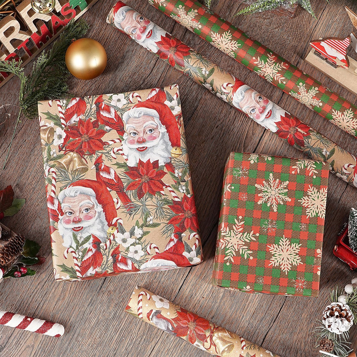 Kraft Christmas Wrapping Paper Set, Jumbo Roll, Vintage Santa, Bird, Poinsettia,and Gold Snowflake Plaid Design, Kraft Gift Wrap for Christmas, Holiday, 4 Rolls, 30 Inches x 10 Feet per Roll