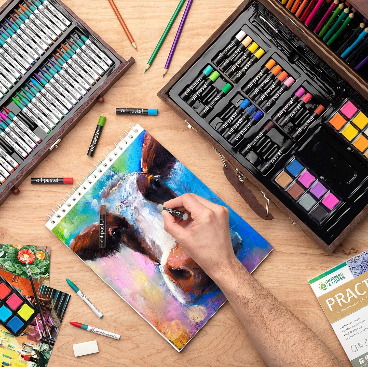 Norberg & Linden 144-Piece Art Set in Wooden Box with Drawer - Art Set for Adults, Teens, Kids - Premium Art Supplies - Includes Watercolors, Oil Pastels, Crayons, & More