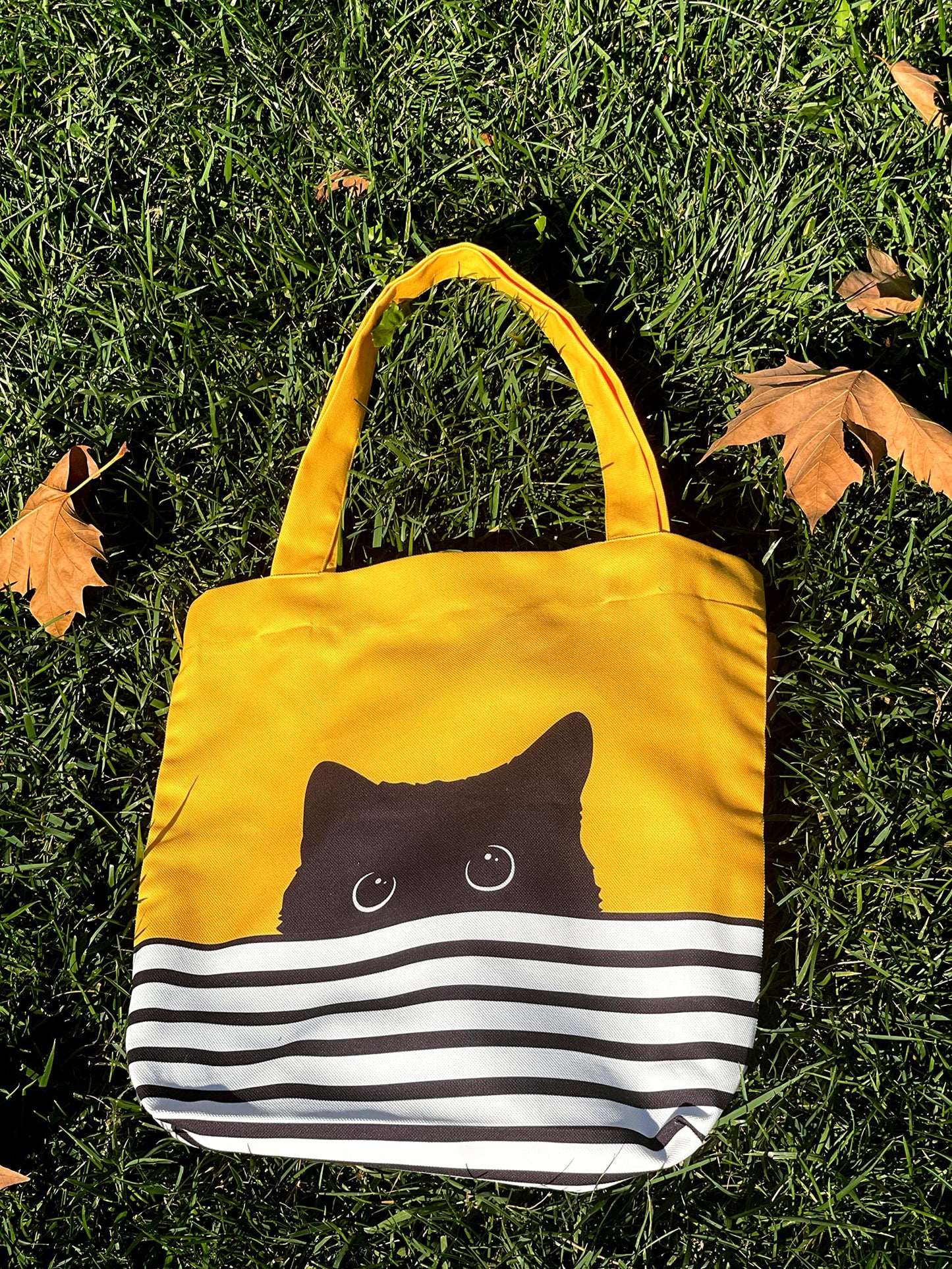 Cute Canvas Tote Bag - Cat Lover Gifts for Women - Black Cat Gifts for Cat Lovers - Cat Mom Gifts - Cat Themed Gifts - Happy Birthday Bags for Cat Lady Gifts - Reusable Cat Tote Bag (Yellow Cat)