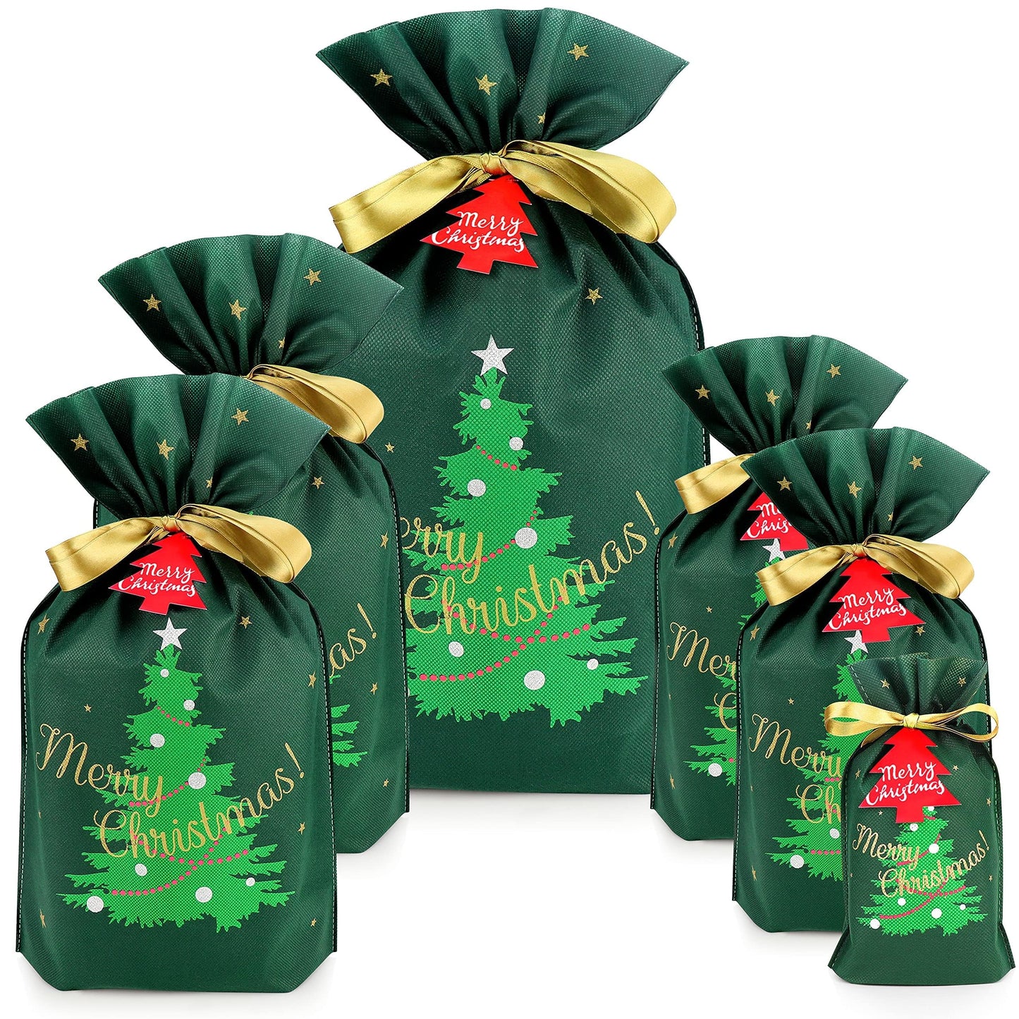 Fabric Gift Bags for Presents - 6 Pcs Large Reusable Christmas Bags with Drawstring (Green Xmas Tree Assorted)