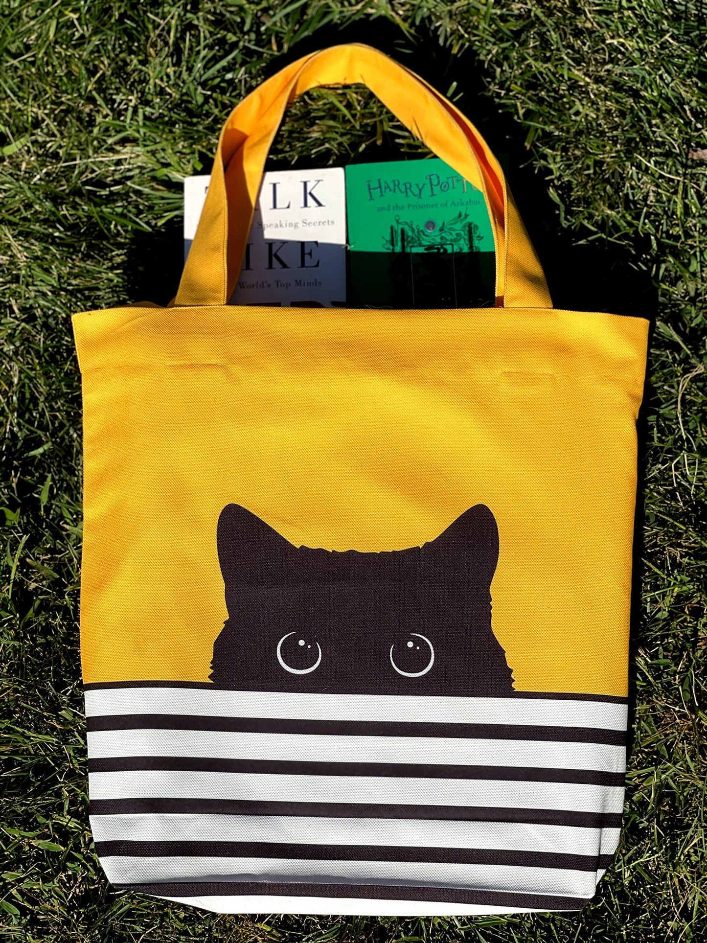 Cute Canvas Tote Bag - Cat Lover Gifts for Women - Black Cat Gifts for Cat Lovers - Cat Mom Gifts - Cat Themed Gifts - Happy Birthday Bags for Cat Lady Gifts - Reusable Cat Tote Bag (Yellow Cat)
