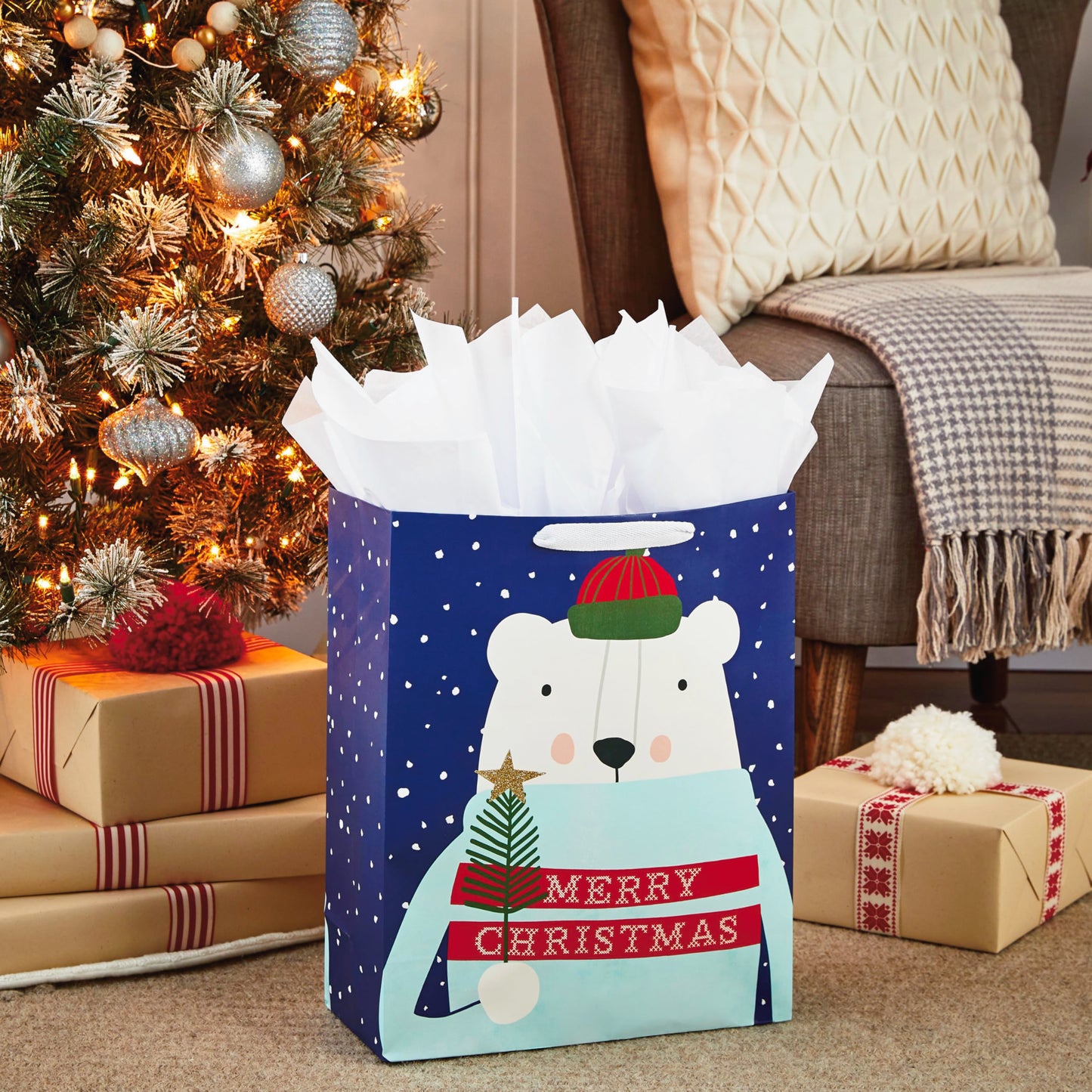 15" Extra Large Christmas Gift Bag with Tissue Paper (Merry Christmas Polar Bear) for Kids, Adults, Coworkers, Neighbors