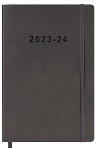 2023-2024 Academic Planner - Weekly and Monthly Planner, Holidays, Contacts and Notes Pages, Vegan Leather Cover, Elastic Closure, 5.5”x8.25”, Grey