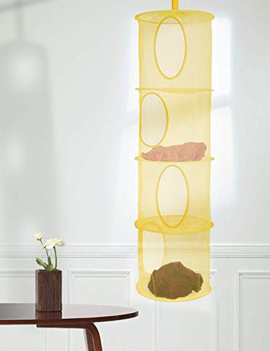 Libeder Stuffed Animal Storage Mesh Hanging Storage Space Saver Bags Organizer,Foldable Storage Organizer 4 Compartments Toy Storage Basket for Kids Room Bathroom 2 Sets Yellow