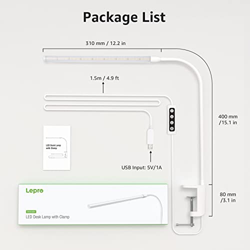 Lepro Clip on Desk Lamp LED Reading Light Dimmable USB Clamp Lamp with 3 Color Modes 10 Brightness, Adjustable Flexible Gooseneck Swing Arm for Bed Headboard, Workbench, Home Office, Nail Lamp, White