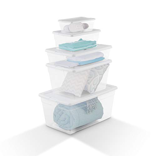 Sterilite 6 Qt Storage Box, Stackable Bin with Lid, Plastic Container to Organize Shoes and Crafts on Closet Shelves, Clear with White Lid, 12-pack