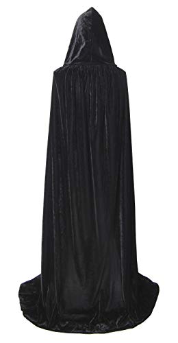 BIGXIAN Long Hooded Cloak Velvet Cape Witch Costume Halloween Costumes for Women Men (Black, Large)