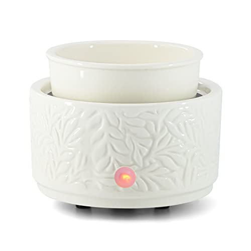 ElusiaKa Wax Melt Burner Ceramic 3-in-1 Oil Burner Electric Wax Melter Fragrance Warmer for Home Office Bedroom Aromatherapy Gift& Décor (White Leaves)