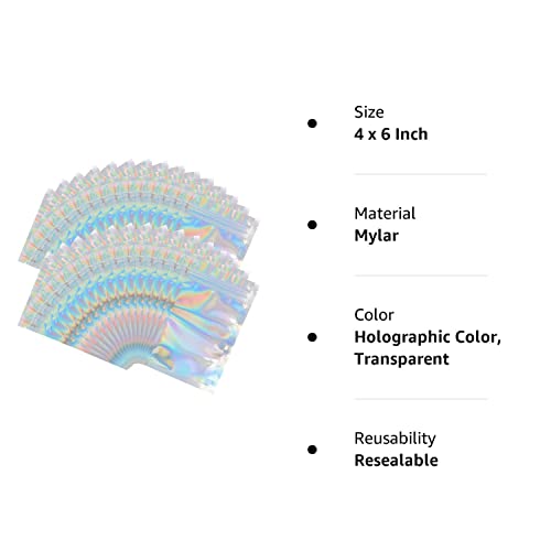 100 Pieces Mylar Holographic Resealable Bags - 4 x 6" Smell Proof Bags, Foil Pouch Ziplock Bags for Party Favor Food Storage (Holographic Color, 4 x 6 Inch)