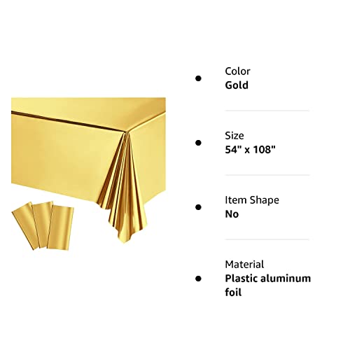 Foil Party Rectangular Table Covers Table Cloth 54 x 108 Inch Shiny Plastic Waterproof Tablecloth Party Table Cover for Wedding Anniversary Engagement Party (Gold, 3 Pieces)
