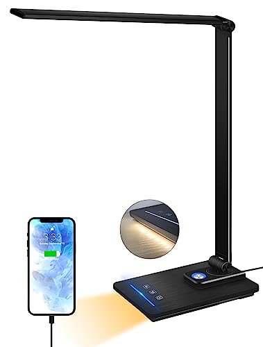 GLITI LED Desk Lamp, Eye-Friendly Dimmable Desk Light, 5 Light Colors, 6 Brightness Levels, Touch Control Table Lamp with USB Charging Port, Night Light, Auto Timer, for Dorm, Home, Office(Black)