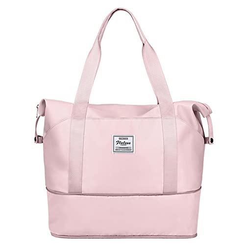 Large Travel Tote Bag, Waterproof Expandable Duffel Gym Tote Bag,Weekender Carry On Overnight Bags for Women with Trolley Sleeve Wet Pocket,travel duffel bags,Pink