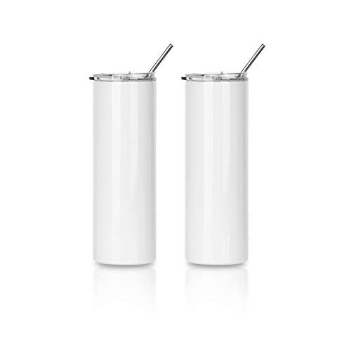 PYD Life 2 PCS Sublimation Blanks Skinny Tumbler White 20 OZ Straight Double Wall Stainless Steel Tumbler with Metal Straw Tumbler Cups for Tumbler Heat Press Machine Heat Transfer