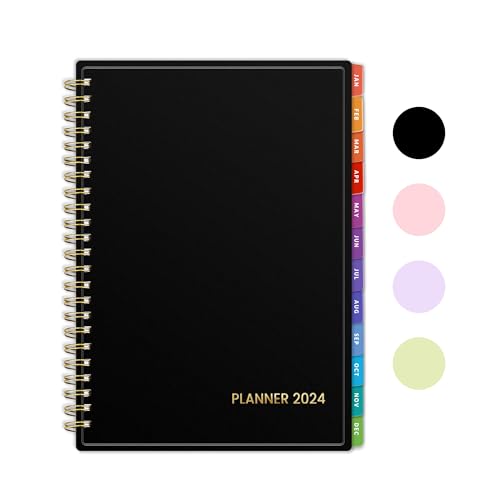 SUNEE 2024 Weekly and Monthly Planner - from January 2024 - December 2024, 6.4" x 8.3" Daily Agenda Planner with Monthly Tab, Flexible Cover, Note Pages, Pockets, Bookmark, Spiral Binding, Black